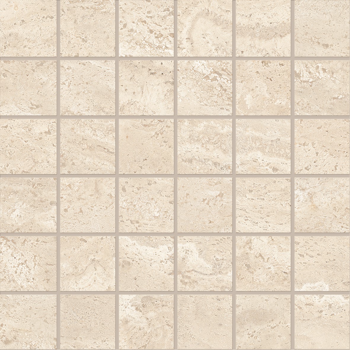 Emil Dual Travertine Mosaico White Poro Aperto 5x5 cm/Netz 30x30x0,9 cm Silktech R10B rektifiziert