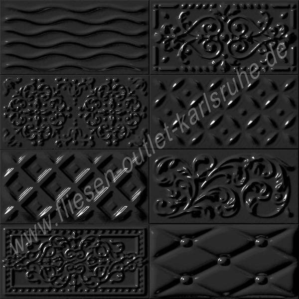 Vives Raspail negro 10x20 cm Relief-Dekor schwarz glänzend